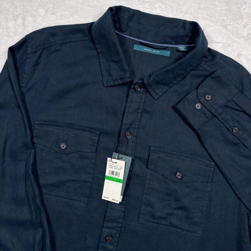 NEW Perry Ellis Button Shirt Mens L Navy Blue Linen Viscose Lightweight Pockets